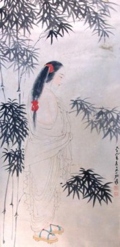  bois peintre - Chang dai chien beauté dans les cheveux rouges mouchoir chaussures en bois blanc robe bamboos
